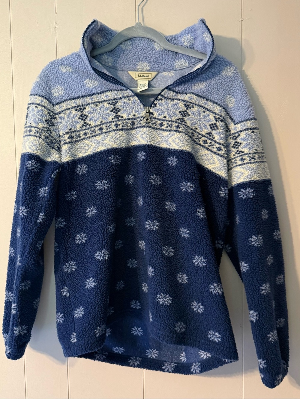 Vintage L.L.Bean Women’s XS Blue Snowflake Fair Isle Sherpa Fleece 1/4 Zip
